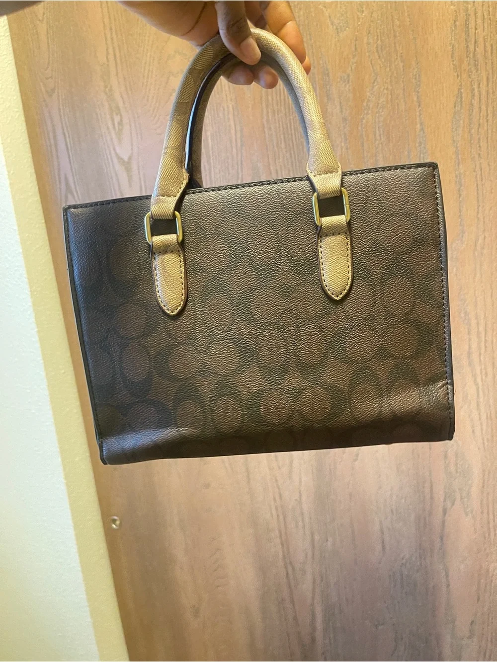 Coach Brown Signature Structured Satchel with Gold Hardware